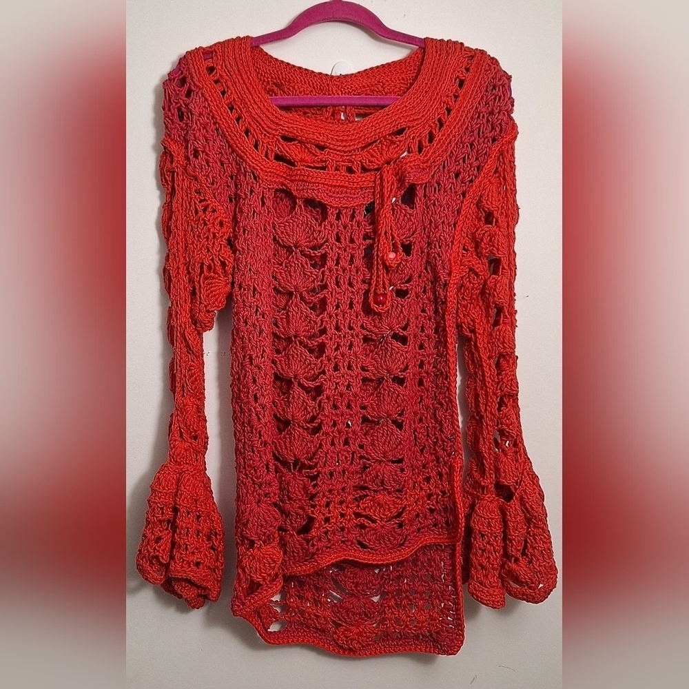 NWT Boho Embossed Crochet Assymetrical Cover-Up/Tunic With Bell Bottom Sleeves - Picture 5 of 8